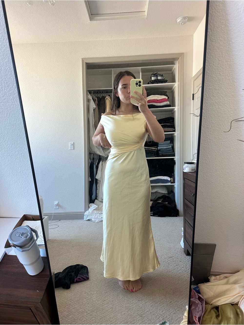 Elegant Pale Yellow Satin Maxi Dress - Women's